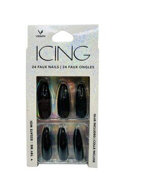 Icing 24 Black Faux Nails With Glue Included - Vegan Long Coffin Shape